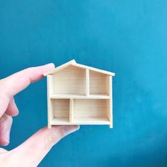 a hand holding a miniature house made out of plywood planks on a blue background