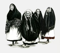 three women dressed in black and white standing next to each other with headscarves