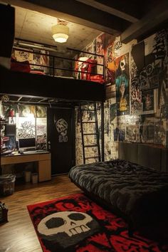 a bedroom with a loft bed and lots of pictures on the wall, along with a red rug