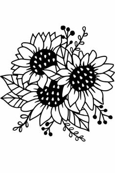 a bouquet of sunflowers with leaves and berries on the stems, drawn in black ink