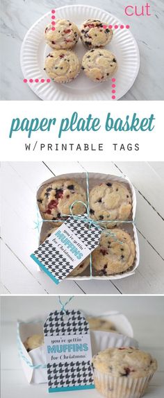 some blueberry muffins are in a paper plate with tags on them and the words, paper plate basket w / printable tags