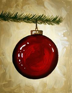 a red ornament hanging from a christmas tree branch on a beige and white background