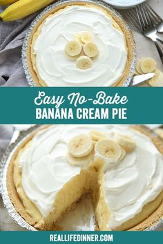 an easy no - bake banana cream pie is ready to be eaten and served