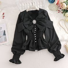 Women's Bowknot Decorated V-neck Puff Sleeves Ruffled Hem Fashion Shirt on Luulla Elegant V-neck Top With Bow, Fall Puff Sleeve Blouse With Bow, Fall Puff Sleeve Blouse With Bow Detail, Casual Long Sleeve Blouse With Bow, Trendy Spring Blouse With Bow, Spring Trendy Blouse With Bow, Fall Puff Sleeve Top With Bow, Casual Fall Blouse With Bow, Casual Fall Blouse With Bow Detail