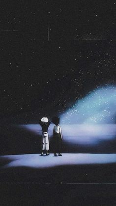 two people standing in front of a star filled sky with the moon shining down on them