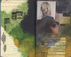 an open book with mixed media images and text on the pages, including words that appear to have been altered