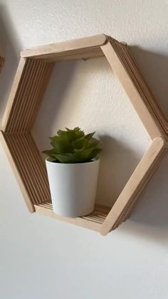 a small potted plant sitting on top of a wooden shelf next to a wall