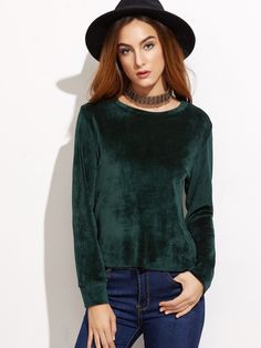 #AdoreWe #SheIn Blouses - SheIn Dark Green Round Neck Velvet Blouse - AdoreWe.com Dark Green App Icons, Green Velvet Top, Green App Icons, Fancy Tops, Outfit Collage, Cute Shirt Designs, Fabulous Clothes