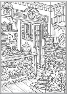 the inside of a store filled with cakes and pies