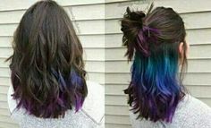 Brown Hair With Multicolor Highlights, Inverted Hair Color, Mermaid Hair Color Peekaboo Brunette, Brown To Purple Balayage Straight Hair, Color On Ends Of Hair, Dark Hair Peekaboo Color, Brunette With Pop Of Color, Oil Slick Hair Color Brunettes, Peekaboo Highlights For Brown Hair