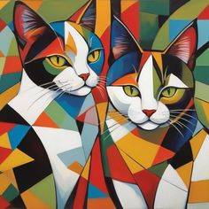 two cats are standing next to each other in front of colorful geometric shapes and colors