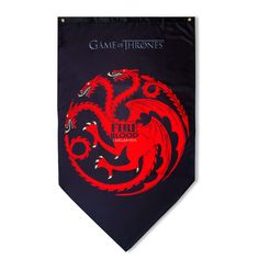 a game of thrones house flag with a red dragon on the front and black background