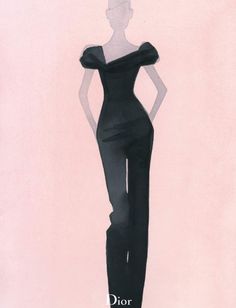 a drawing of a woman in a black dress with her hands on her hips and one hand on her hip