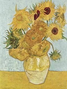 a painting of sunflowers in a vase on a table