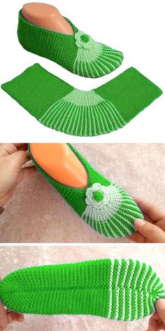 two pictures show how to crochet slippers with green yarn and orange rubber feet