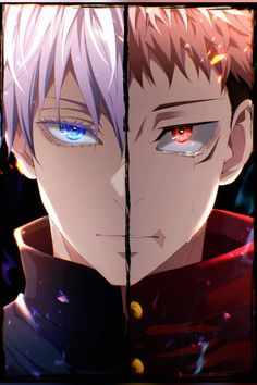 two anime characters, one with blue eyes and the other with blonde hair looking at each other