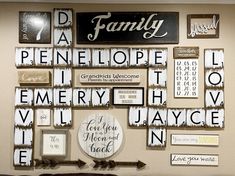 a wall with many different types of family signs on it and arrows pointing to each other