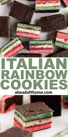 italian rainbow cookies are stacked on top of each other