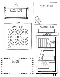 a black and white drawing of a book shelf with books on it, next to a sign that reads pages read days read favorite book quote