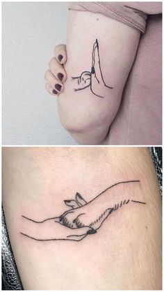 two different tattoos that show hands holding each other, one with a bird on it