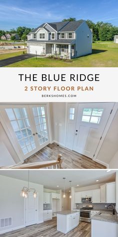 the blue ridge 2 story floor plan is shown in three different pictures, including an open kitchen and living room