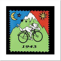 a stamp with an image of a dog riding a bike in front of mountains and stars