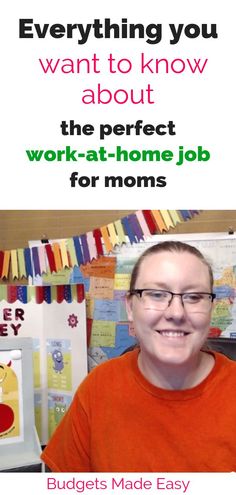 a woman sitting in front of a desk with an orange shirt on and the words, everything you want to know about the perfect work - at home job for moms