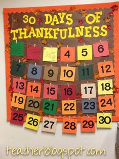 a bulletin board that says 30 days of thanksgiving