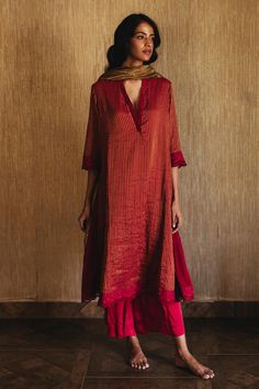 Buy Shorshe Clothing Maroon Handloom Striped Kurta Palazzo Set Online | Aza Fashions Stripes Suits Women Indian, Red Kurta Set Women, Red Kurta Women Indian, Kurta Suits For Women, Organza Kurta Designs, Red Suits For Women Indian, Red Kurta Set, Red Salwar Suit, Handloom Kurta