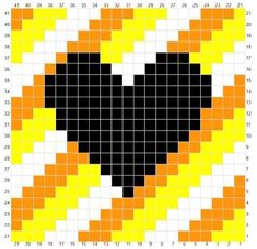 a cross stitch pattern with a black heart on it's yellow and orange squares