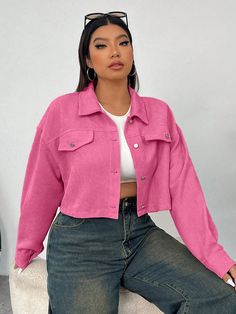 Valentine's Day,Plus Size Women Casual Solid Color Corduroy Short Jacket, Spring/Autumn Hot Pink Casual  Long Sleeve Woven Fabric Plain Shacket Non-Stretch  Women Plus Clothing, size features are:Bust: ,Length: ,Sleeve Length: Corduroy Shorts, Pink Collar, Corduroy Jacket, Pink Outfit, Short Jacket, Kids Sleepwear, Crop Jacket, Colorful Leggings, Plus Clothing