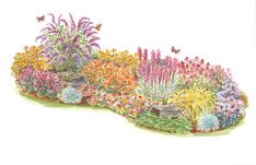 an illustration of a garden with flowers and plants in the center, surrounded by butterflies