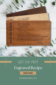 two wooden envelopes with the words, gift for mom, and an image of eucalyptus leaves