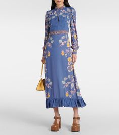 Find ETRO Floral Midi Dress on Editorialist. Material: 100% viscose. Care instructions: dry clean. Made in Italy. Designer color name: Blue. Sleeves: long-sleeved. Buttoned sleeves. Closure: single-breasted (one button), zipped side. Lining: 100% polyester. Fully lined. Spring Silk Long Sleeve Maxi Dress, Spring Silk Maxi Dress With Long Sleeves, Blue Long Sleeve Midi Dress For Spring, Spring Long Sleeve Silk Midi Dress, Bohemian Long Sleeve Viscose Midi Dress, Bohemian Long Sleeve Silk Maxi Dress, Long Sleeve Silk Midi Dress For Spring, Silk Long Sleeve Midi Dress For Spring, Floral Print Long Sleeve Rayon Dresses