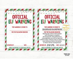 two christmas elf warning cards with red and green stripes