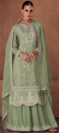 Green color Salwar Kameez in Art Silk fabric with Embroidered, Foil Print work Designer Palazzo, Plazzo Suits, Latest Salwar Kameez, Georgette Tops, Palazzo Suit, Sharara Suit, Designer Salwar Suits, Party Kleidung, Sharara Set