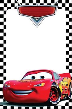 the character from cars is shown in front of a checkered background