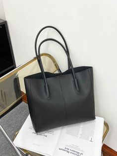 1pc Women's Fashion Casual Commuter Solid Color Tote Bag, Large Capacity, New In Fall/Winter Larrge Capacity Shoulder Tote Bag Black Elegant   PU Leather Plain Shoulder Tote Bag   Women Bags, size features are:Bust: ,Length: ,Sleeve Length: Modern Winter Bags For Everyday Use, Modern Everyday Winter Bags, Modern Rectangular Bags For Winter, Modern Rectangular Winter Bags, Black Leather Tote Bag, Black Leather Tote, Shoulder Tote Bag, Black Tote Bag, Womens Tote