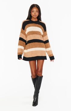 Timothy Tunic Sweater Winter Sweater With Striped Sleeves For Layering, Winter Layering Sweater With Striped Sleeves, Fall Striped Sleeve Sweater For Layering, Knit Sweater With Striped Sleeves For Fall, Fall Layering Sweater With Striped Sleeves, Chic Striped Sweater For Fall, Casual Brown Sweater Dress, Brown Knit Sweater Dress For Winter, Trendy Sweater With Striped Sleeves For Fall