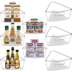 six plastic baskets with condiments and condiments