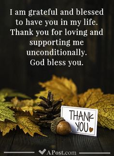 a thank card with leaves and acorns on it, says i am grateful and blessed to have you in my life