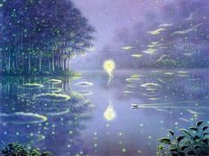 a painting of a lake surrounded by trees with fireflies in the sky above it