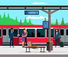 people are waiting for the train to arrive at the station in flat style, illustration