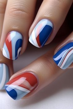 Red White And Blue Nail Art, Red Blue White Nails, Red White And Royal Blue Nails, Blue And Red Nail Ideas, Labor Day Nails, July 4th Nails, Red Nail Ideas, Blue Gel Polish