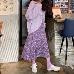 Flowers Pattern Soft Chiffon Purple Skirts – Tomscloth Casual Purple Skirt For Fall, Purple Skirts, Purple Skirt, Party Dress Long Sleeve, Modest Clothing, Puff Sleeve Dresses, Flowers Pattern, Inspired Outfits, Boho Maxi Dress