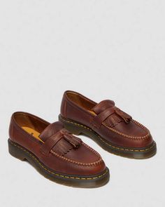 Adrian Yellow Stitch Ambassador Leather Loafers in Cashew | Dr. Martens Adrian Tassel Loafer, Doc Martens Loafers, Dr Martens Adrian, Yellow Stitch, Vintage Loafers, Tee Shirt Outfit, Layer Jacket, Chelsea Boots Heel, Artsy Jewelry