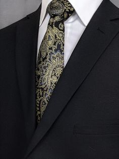 "Perfect as a Father's Day gift or as a wedding tie. Features black background on paisley gold metallic fabric. Available as a skinny tie and an extra-long tie Pocket Square available upon request pending available of fabric. Cost is $10.99 Message me to check availability. Expertly hand-made from 100% cotton you can select your length from 57\" to 71\" (Great for taller Men). Width is standard 3.5\" as shown here or skinny 2.5\". If you require a custom length or width, please contact us. 2.5\" x 48\" Child size available upon request. Ships within 2 business days. Made in the USA. CUSTOM ORDERS We love custom orders, so you can also go to www.Fabric.com to select from one of their thousands of cotton fabrics and we can make a tie or bow tie for you. These requests will take at least 2 we Suits Style, Black Tie Optional, Make A Tie, Men Ties, Wedding Tie, Gold Tie, Broken Arrow, Black Tie Gala, Black Tie Affair