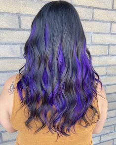 Vivid Hair Color Peekaboo Purple Highlights, Dye Hair Streaks, Cute Hair Coloring Ideas For Brunettes, Partial Purple Highlights, Deep Purple Peekaboo Hair, Purple Peak A Boo Highlights, Tips Of Hair Dyed Purple, Dark Hair With Color Streak, Unique Hair Dye Ideas For Black Hair