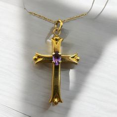 New In Box! Purple Amethyst Cross Necklace, Classic Amethyst Oval Pendant Necklace, Hallmarked Purple Necklaces For Gifts, Purple Hallmarked Necklaces For Gifts, Gift Purple Hallmarked Necklaces, Classic Purple Necklace For Gift, Cross Jewelry, Amethyst Necklace, Gold Cross