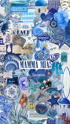 a collage of blue and white images with the words mamma mia on it